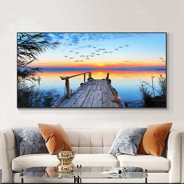 Landscape Sunset Lake Flying Bird Boat Sky Canvas Painting Posters and Prints Wall Art Pictures Living Room Home Decor No Frame No Frame