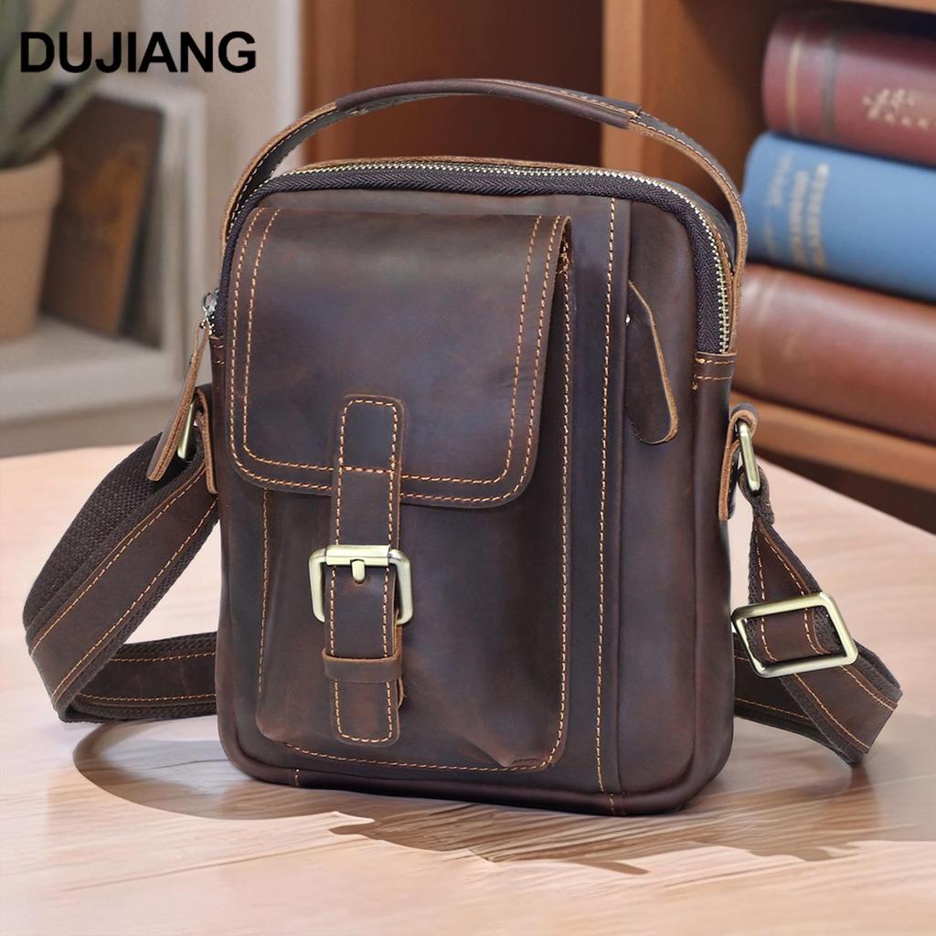 DUJIANG Herren Vintage Crazy Horse Leder Umhängetasche - Echtes Leder Freizeit Outdoor Tasche