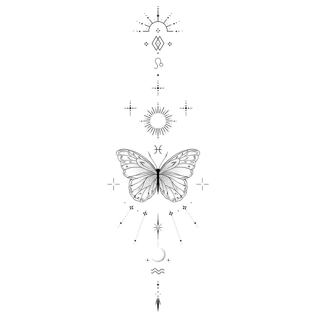 Sticker Tatuaggio Adesivo Lunga Striscia Totem Linea Dita Multi-Immagine Fiore Semplice Liscio Sole Luna Stella Schiena Vita Colonna Vertebrale