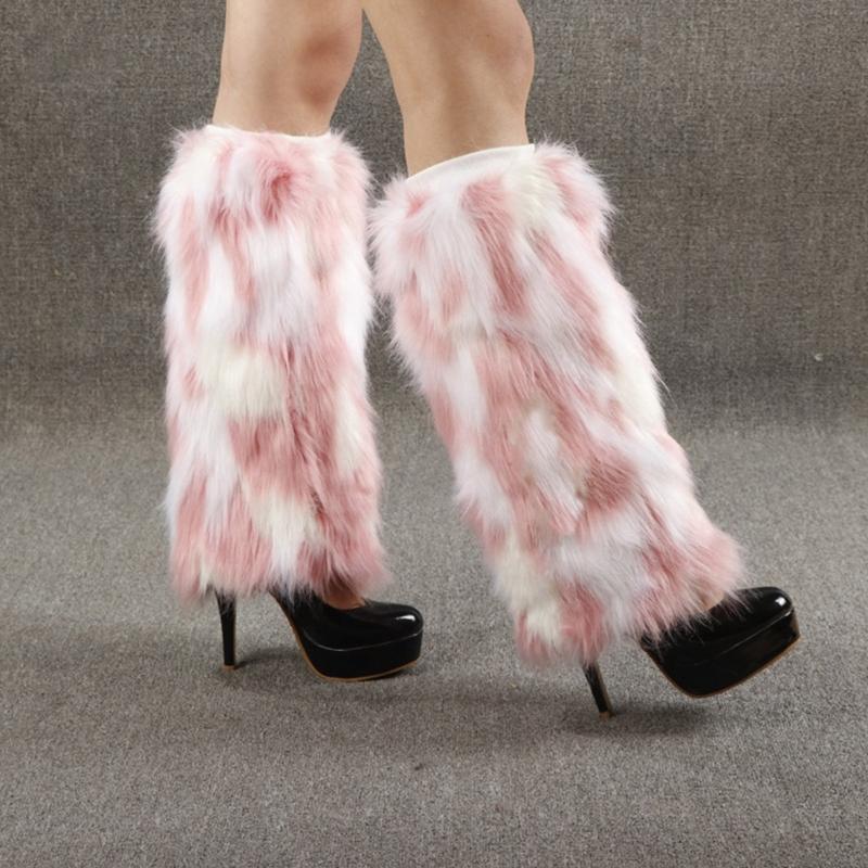Women Harajuku Furry Leg Warmer Fall Winter Gothic Colorblock Dots Faux Fur Plush Boot Cover Cuffs Cosplay Fuzzy Socks