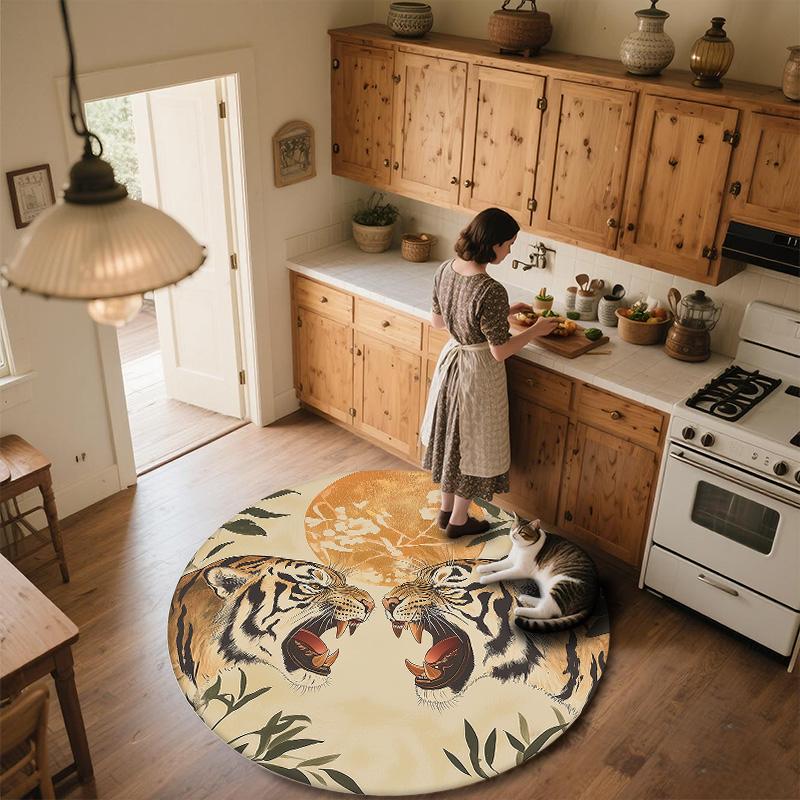 Leaf Tiger,Round Area Rug,Carpet Rug for Living Room Bedroom Sofa Playroom Decor,Non-slip Floor Mat