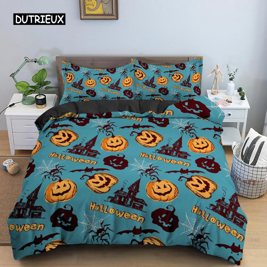 

Комплект постельного белья на Хэллоуин, двуспальный, с забавным мультяшным рисунком, комплект постельного белья с тыквой, микрофибра, комплект постельного белья на тему Хэллоуина EU single(135x200cm)