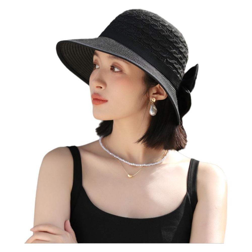 

French Style Lace Straw Cap Breathable Straw Beach Hat Stylish Outdoor Sun Hat Summer Vacation чорний