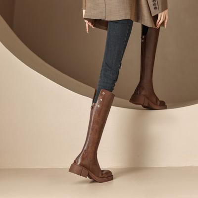 Mode Lange Laarzen voor Dames Western Punk Middenhiel Ronde Neus Bruin Kniehoog Schacht Schoenen Vrouw New Rock Tussenseizoen Waterdichte Laars
