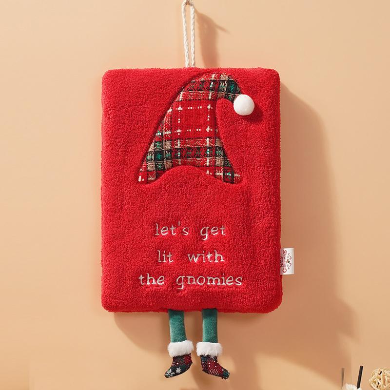 Thicken Coral Fleece Hanging Hand Towel, 3D Christmas Santa Claus Hand Towel for Kitchen & Bathroom Fast Drying Cleaning Towel