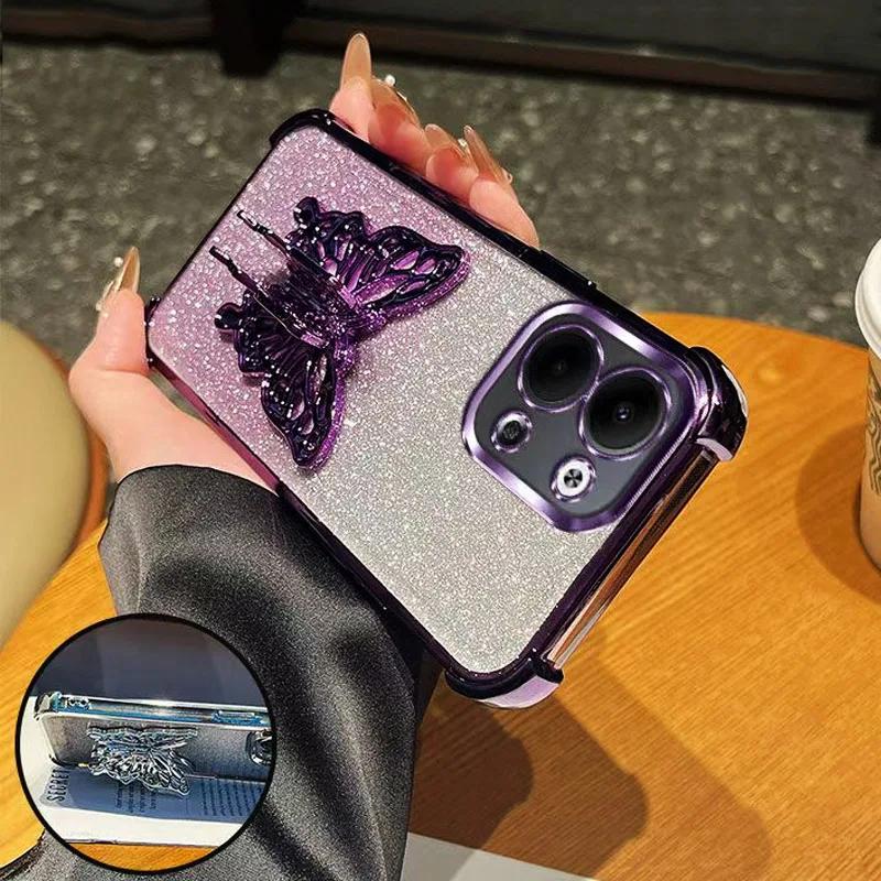 Glitter Plating Butterfly Bracket Holder Phone Case For Funda Xiaomi Redmi Note 15 Pro Plus Redmi 15C 4G 5G POCO C85 Stand Cover
