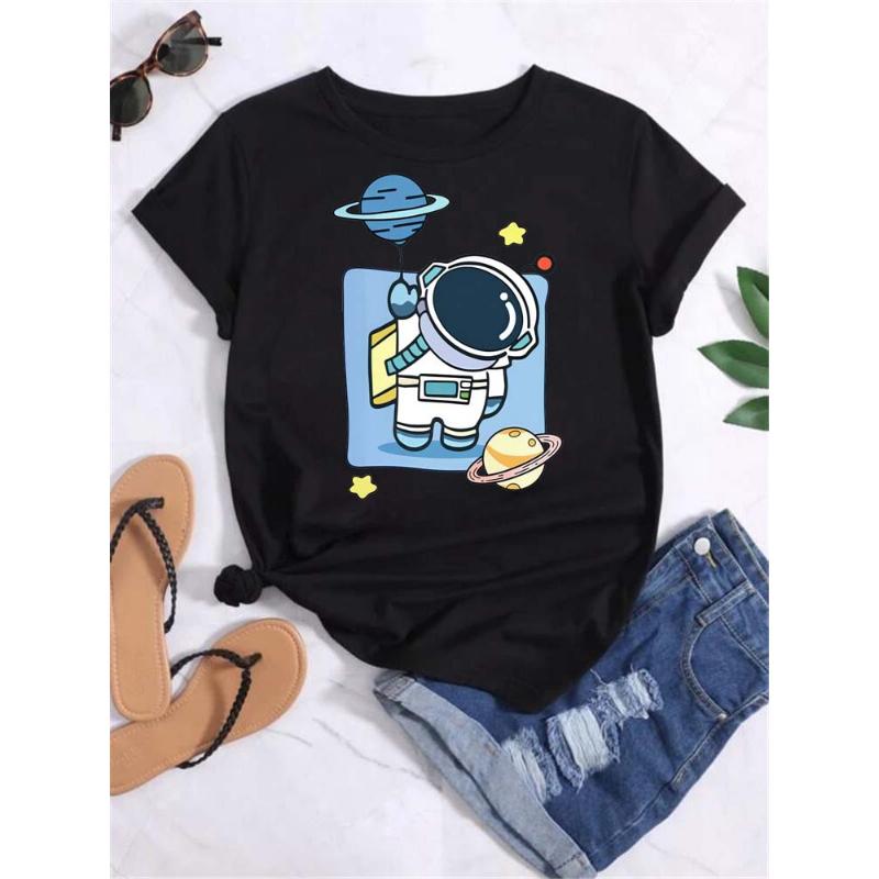 Maycaur T-shirt Dam Måne Planet Tryck Mode T-shirts Casual Rund Hals Kort Ärm Streetwear Dam T-shirt Vintage Toppar
