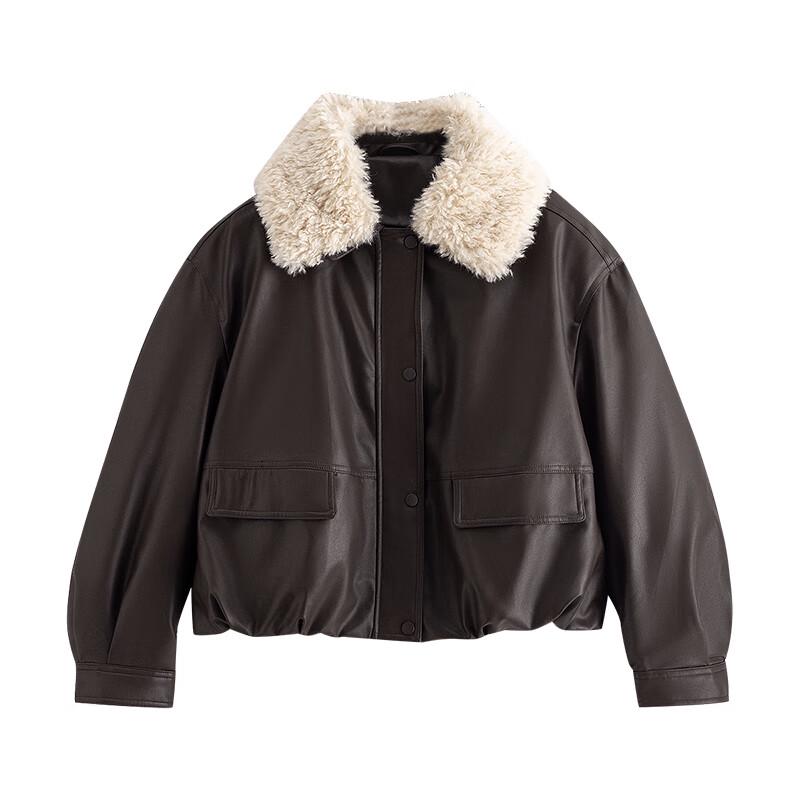 Chuyu Damen Winter Jacke mit Kragen aus Kunstfell und PU-Leder