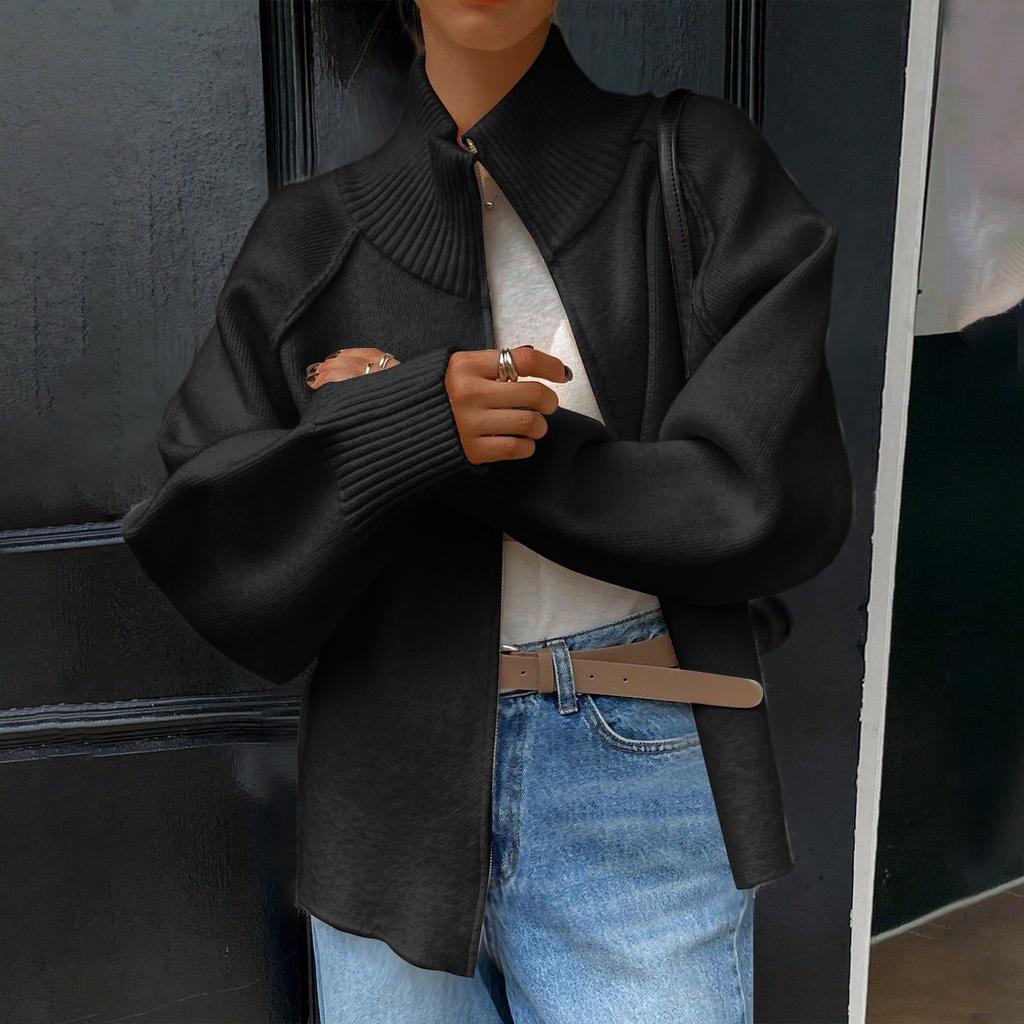 Women's Fashion Casual Solid Color Stand Collar Long Sleeve Cardigan Zipper Knitted Jacket