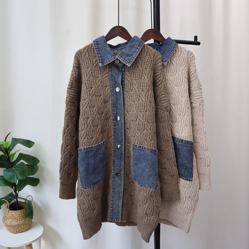 Coarse needle sweater lazy wind women's autumn and winter new loose splicing denim knitted cardigan long coat