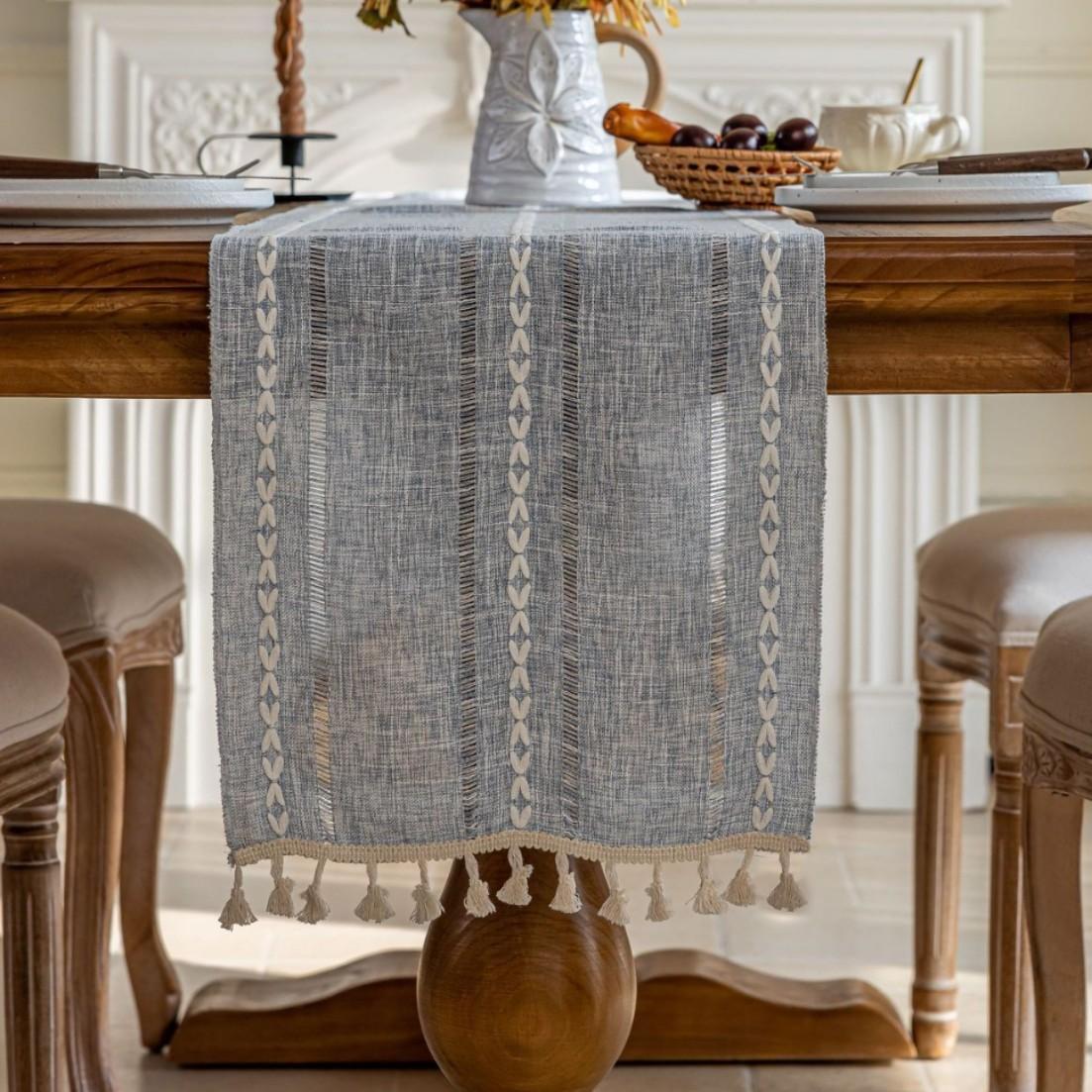 

Иманциюн Дорожка на стол - Современная минималистичная однотонная скатерть для чайного столика с кисточками с прорезями - Украшение для журнальных столиков One Size синий