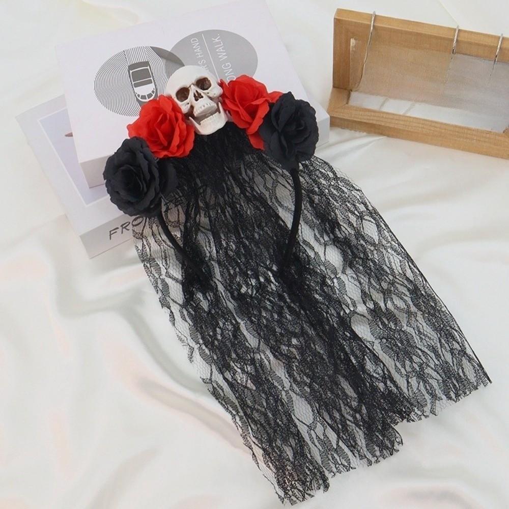 Lace Rose Skull Hair Band Black Cosplay Headdress Funny Halloween Headband  Prop