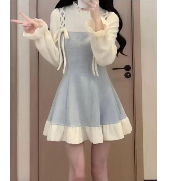 Petite Women s Spring Autumn Elegant Patchwork Bowknot A-line Dress with Waist-cinching Design Small