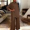VONDA 2PCS Women Sets Casual Long Sleeve Side Close Blouse and Pants Two Piece Suit