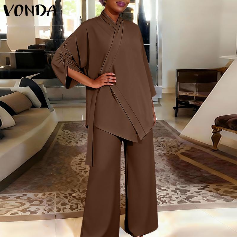 VONDA 2PCS Women Sets Casual Long Sleeve Side Close Blouse and Pants Two Piece Suit