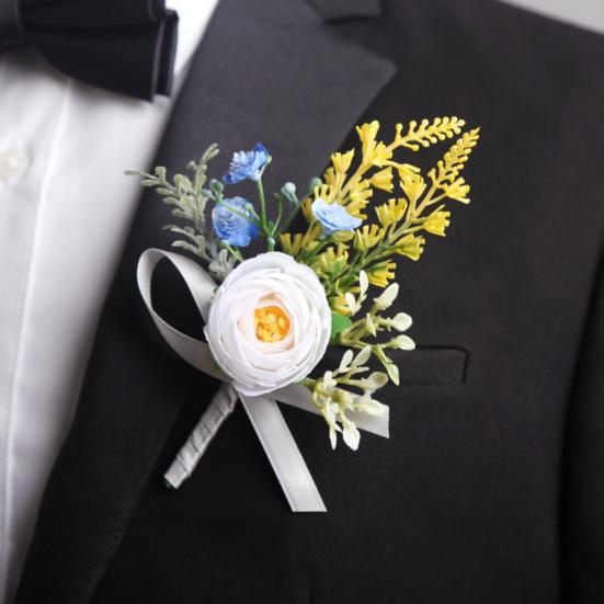 Artificial Wedding Corsage And Boutonniere Set Silk Flower Wrist Corsage And Lapel Pin for Bridal Party Business Opening Ceremony Guest Flower
