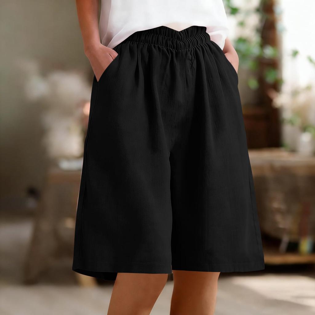 Women's Fashion  Color Pocket Five-Foot Loose Elastic Waist Cotton Linen Shorts