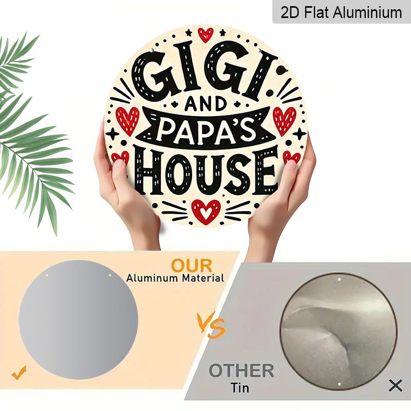 2D Flat, 1pc Round Aluminum "Gigi and Papa's House" Sign, Cute Heart & Star Wall Decor, Whimsical Black and White Style, Waterproof & Durable