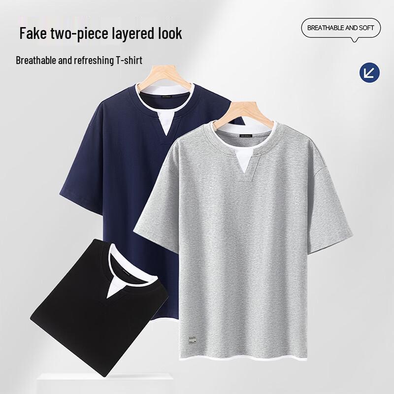 Mark Fairwhale Men's V-Neck Faux Two-Piece Short Sleeve T-Shirt