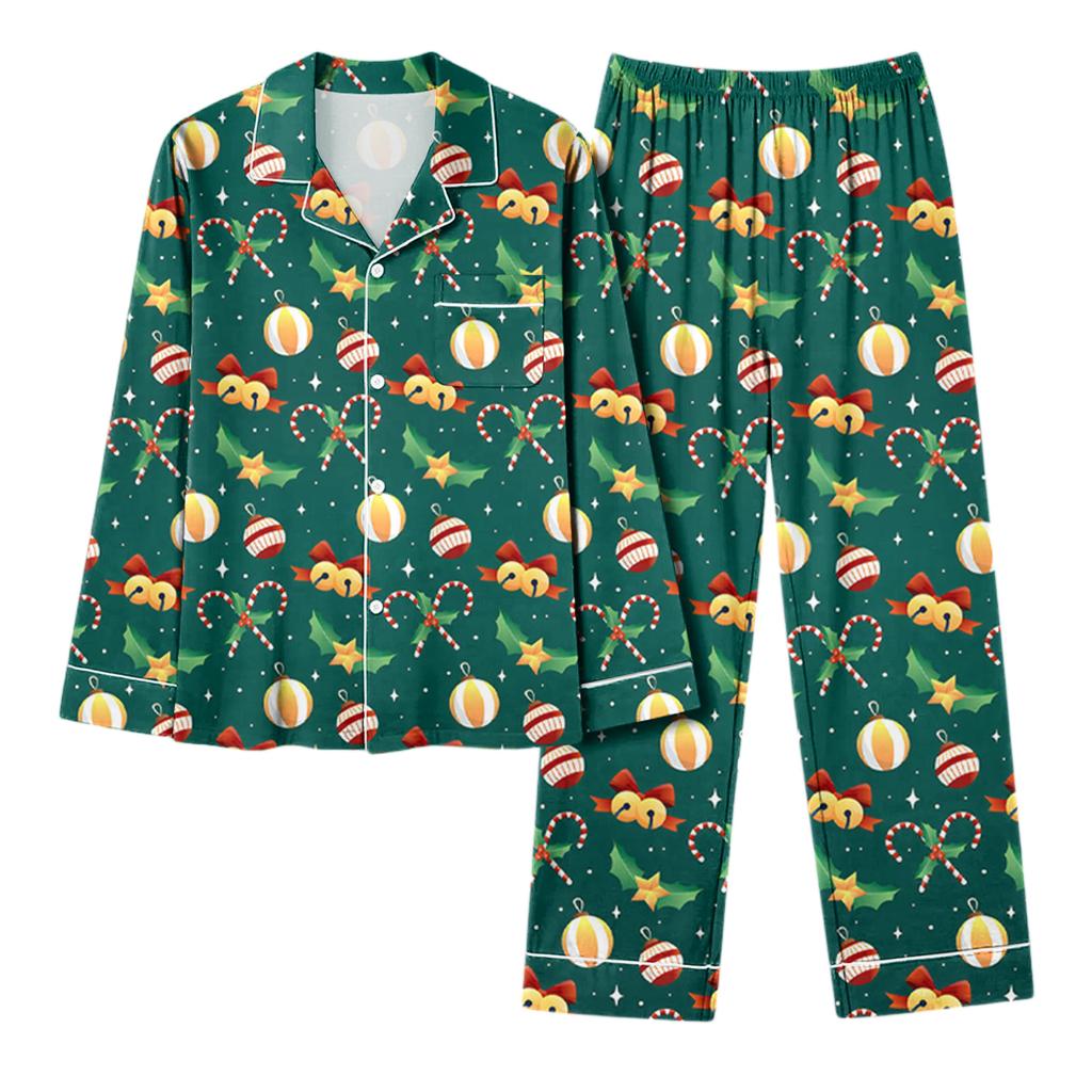 Dames avslappet mote juleprint langermet topp og bukser hjemmesett
