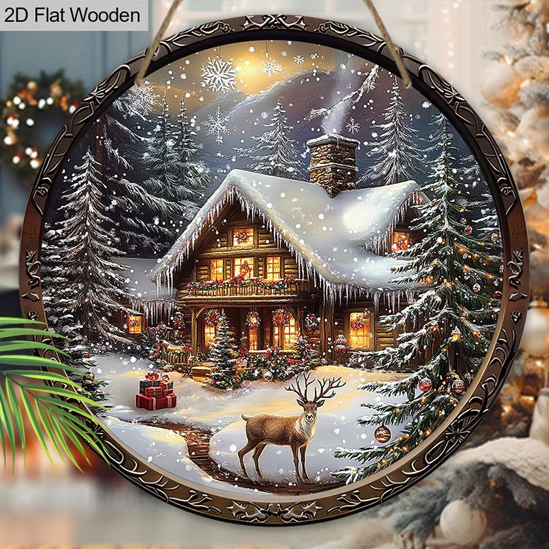 Caldo Inverno Natale Segno di Legno con Motivo Alce e Casa di Neve - Segno Rotondo Buon Natale per Porta d'Ingresso, Decorazione da Appendere alla Parete - Regalo di Natale Ideale