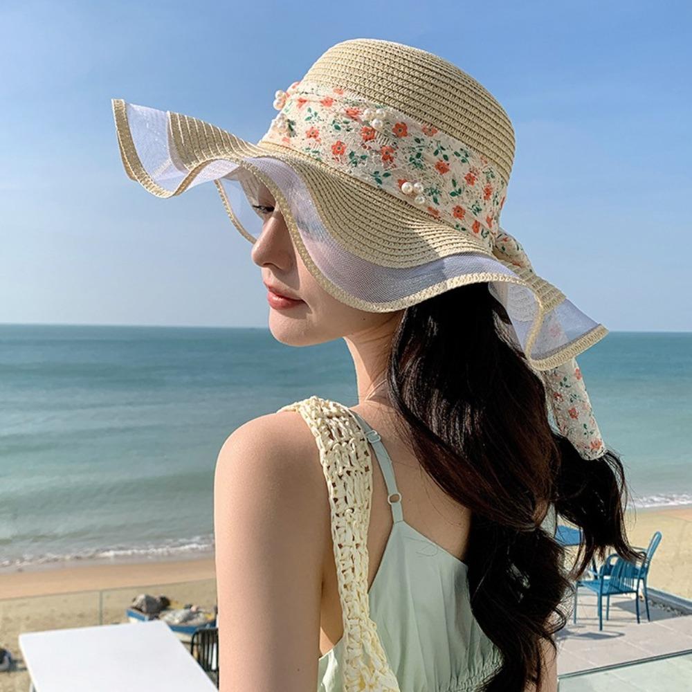 Pearl Wide Brim Sun Hat Breathable Fisherman Sunshade Cap Fashion Lace Streamers Straw Hat Spring