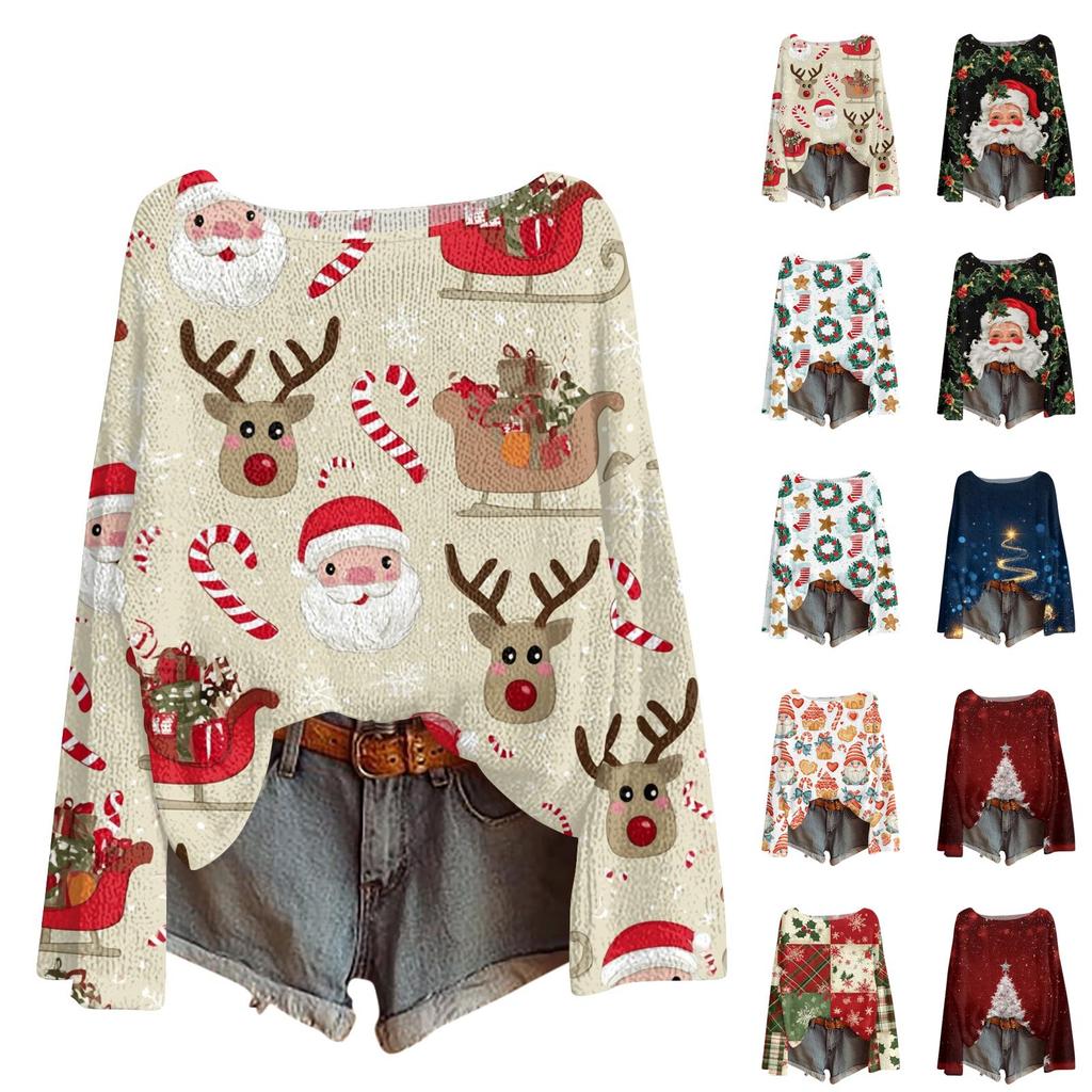 Women's Christmas Print Lightweight Sweater, Casual Long Sleeve Knit Pullover for Holiday