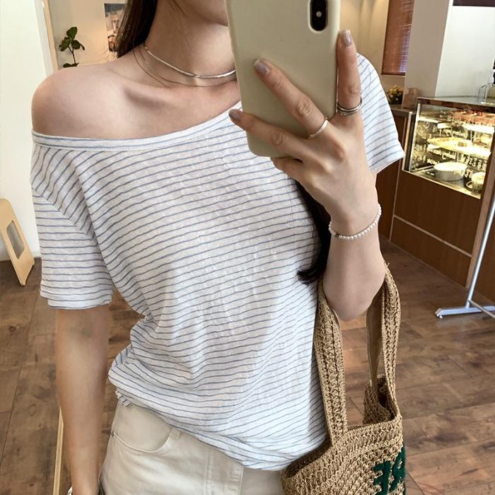 

No price reduction #striped lazy big neckline striped short-sleeved T-shirt women s summer slim and thin sweet and spicy chic top S