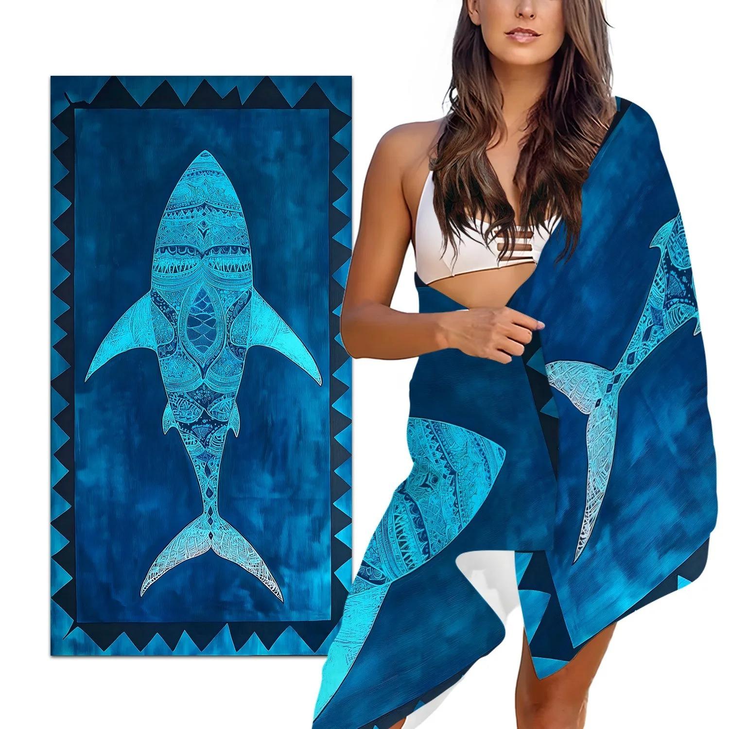 

Tribal Shark Beach Towel, Boho Ocean Mandala Print, Quick Dry Soft Towel for Beach & Pool Absorbent Oversized Bath Towel W30*H60(CM)