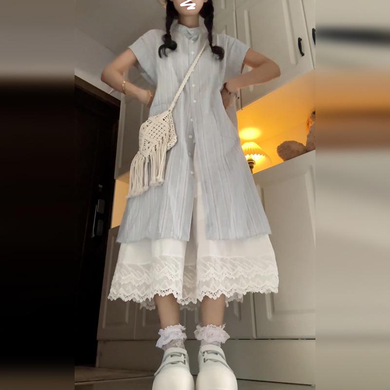 Women's Summer Striped Short-Sleeve A-Line Dress - Sweet, Loose, Mid-Length