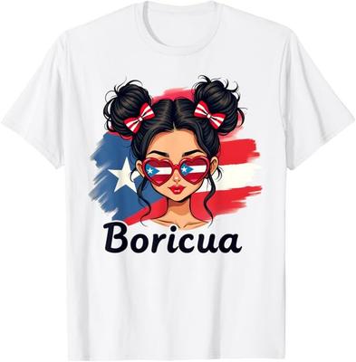 Camiseta con moño despeinado de herencia hispana de Puerto Rico para chicas puertorriqueñas