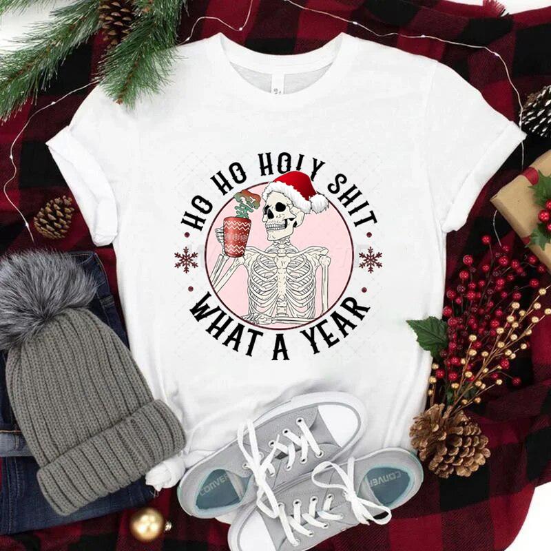 Ho Ho Ho Weihnachtsshirt mit kurzen Ärmeln für Damen Weihnachtsmannmütze Totenkopf Street Style Kleidung Damen Trendiges Neujahrsshirt