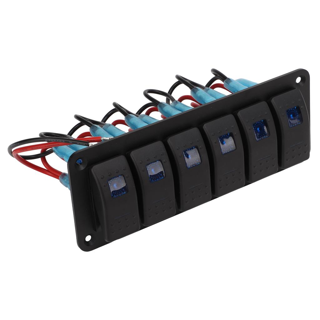 6 Gang Rocker Switch Panel Overcurrent Protection LED Blue Backlit IP65 Waterproof for 12‑24V Vehicles Boats SUV Trucks