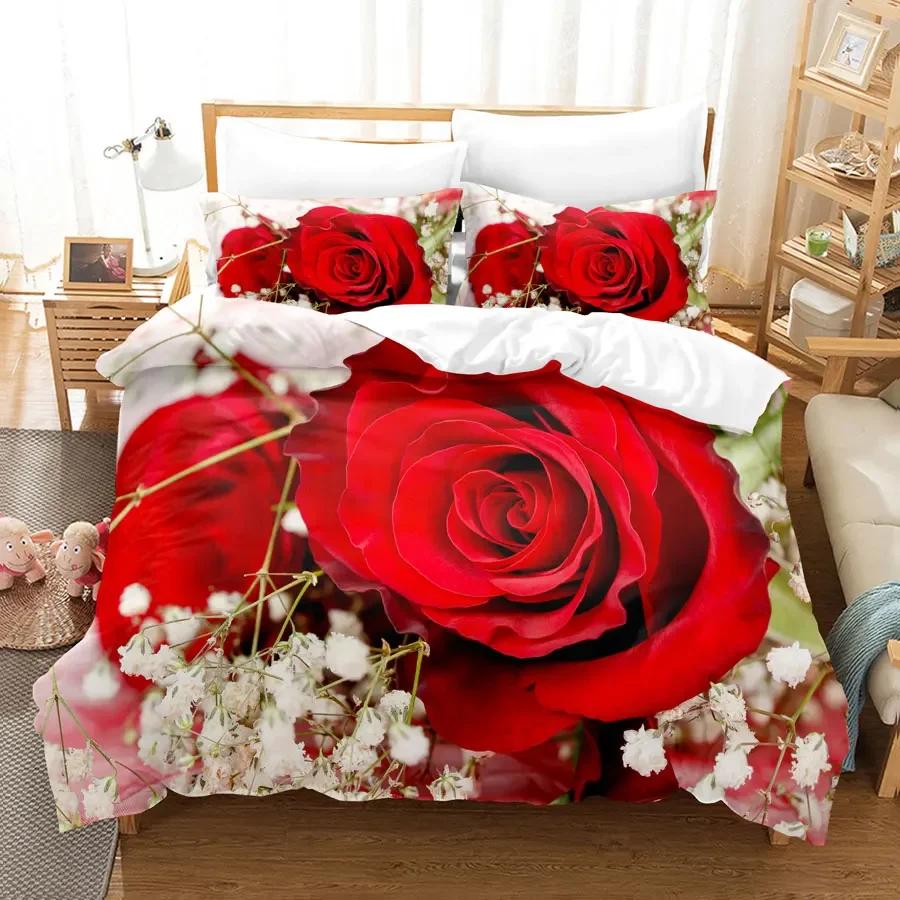 Comforter Red Roses Queen Size King Full 3D Bedding Sets Flower Quilt Linens Single Double Bed