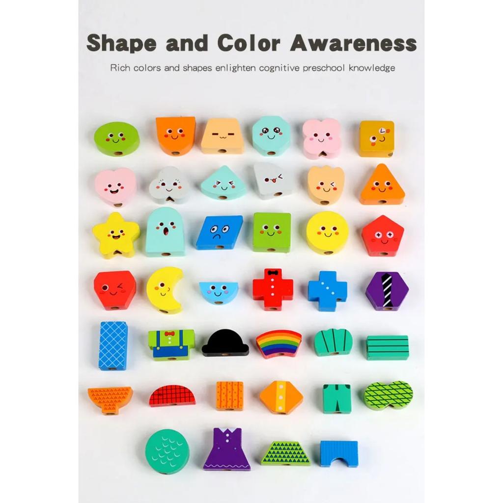 Wooden Children's Character Expression Bead Columns Colorful Sorting Toys Shape Stringing Matching Educational Building Blocks