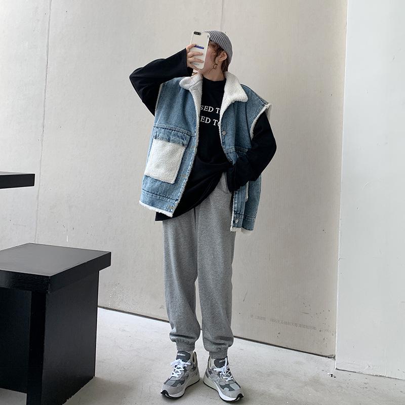 Lamb Wool Splicing Denim Vest for Women - Autumn/Winter Fashion Loose Pocket Waistcoat