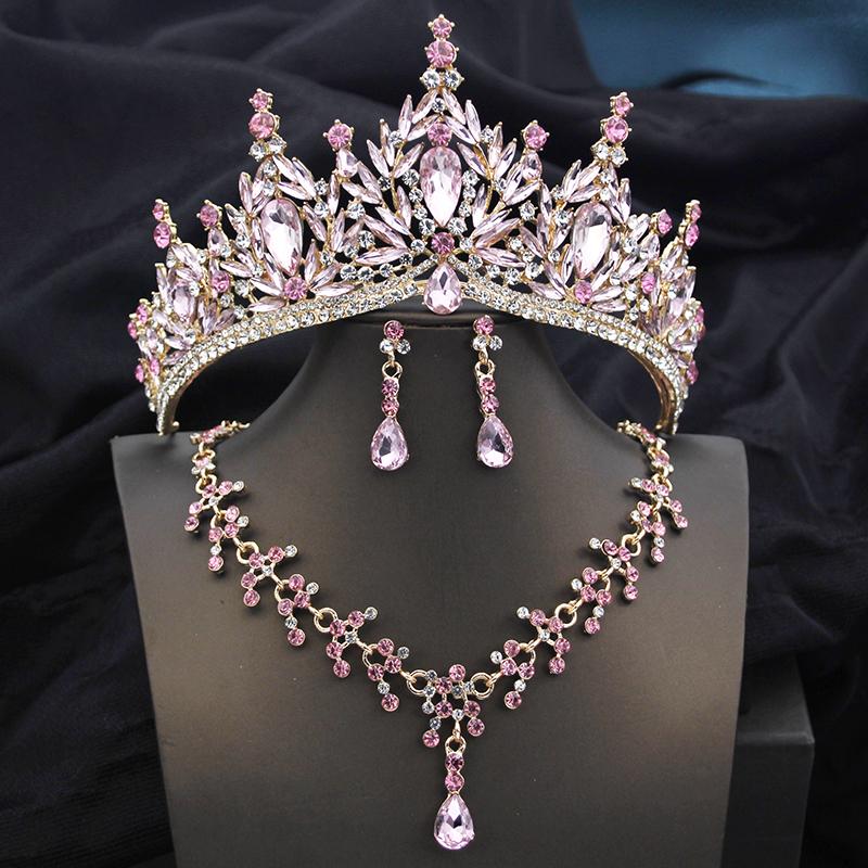 Queen Bridal Jewelry Sets for Women Pink Tiara Wedding Dress Crown With Necklace Earring Set Party Birthday Costume Accessories