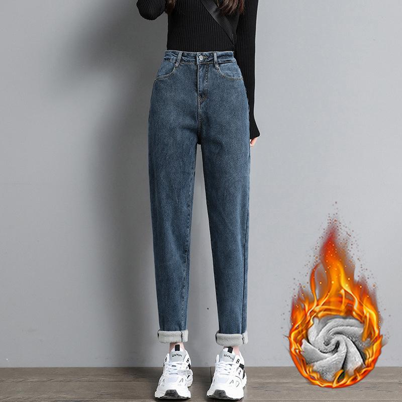 Straight Haren Jeans for Women Autumn and Winter with Thick Fleece and High Waist Loose Korean Version Jeans