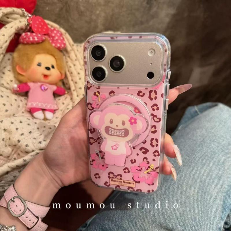 Sweet and Cool Pink Leopard Print Monkey Magnetic Suction Bracket for iPhone17promax Apple 16 Mobile Phone Case 15 New Women