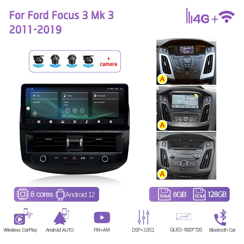12.3Inch For Ford Focus 3 Mk 3 2011-2019 Car Multimedia Player GPS Navigation Radio Android12 8+128G 8Core CarPlay 4G 360Camera