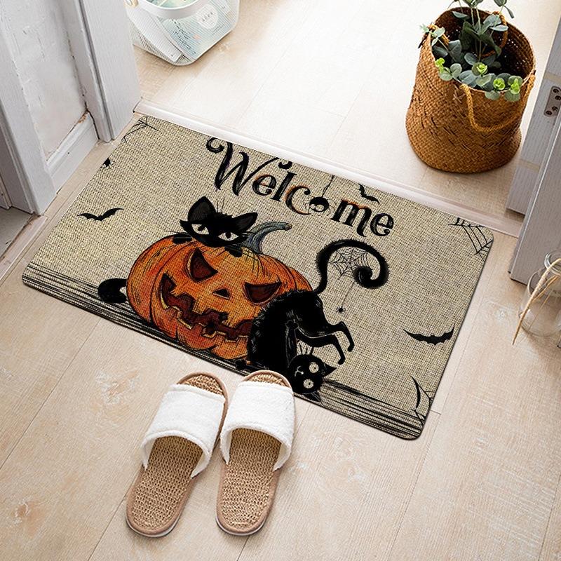 Halloween Theme Door Mat With Pumpkin Black Cat Ghost Bat Witch Hat Castle Patterns Fun Cartoon Decorative Entryway Rug