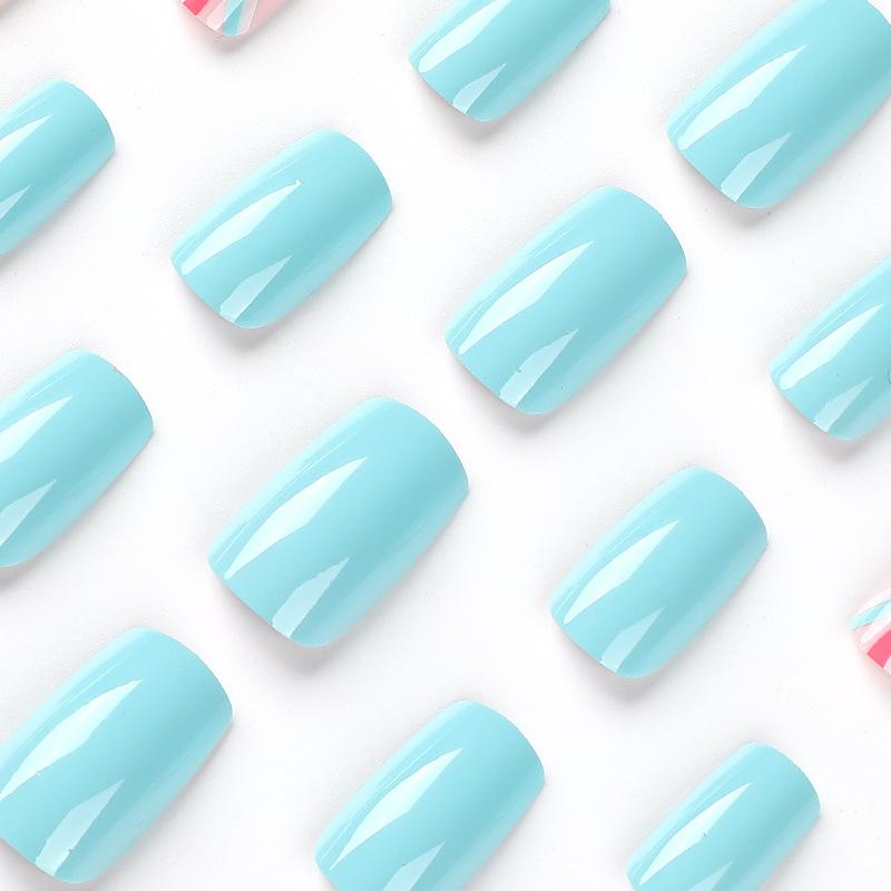 Wear nail blue and white powder splicing lines Nail art finished fake nail nail piece finished product press on nails