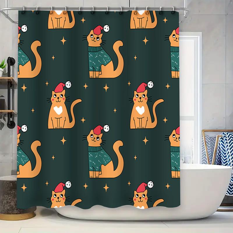 

Christmas Shower Curtain Cat Pattern Green Fabric Waterproof Bath Decorative Cover For Home Decoration (Green) W60H190(CM)-1 Pcs