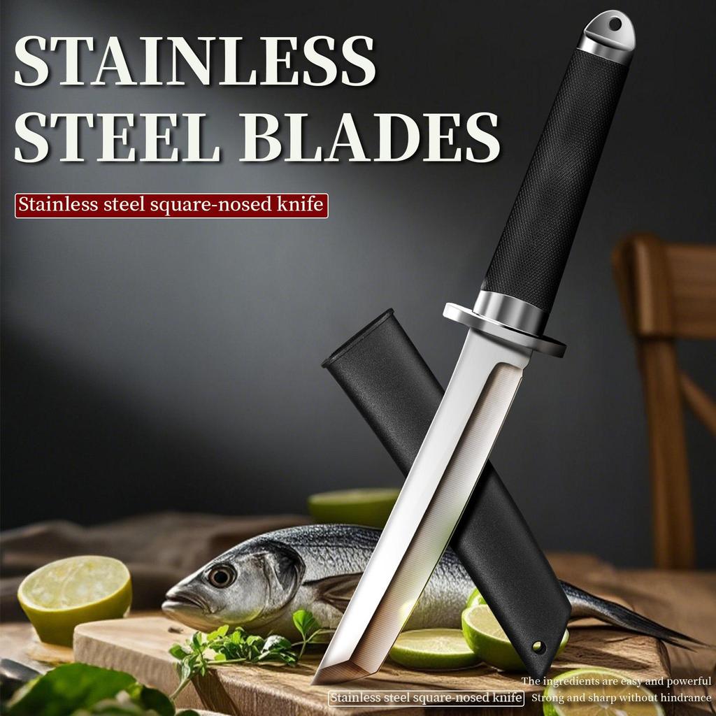 Japanese Samurai Style Stainless Steel Knife with Sheath - Portable Multi-Functional Kitchen Knife for Meat,Fruit,and Food Knife