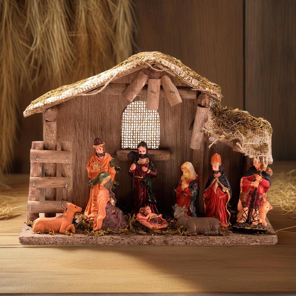 Nativity Scene Figures Religious Festive Miniature Figurine Set Jesus Manger And House Figure Ornaments For Windowsill Home