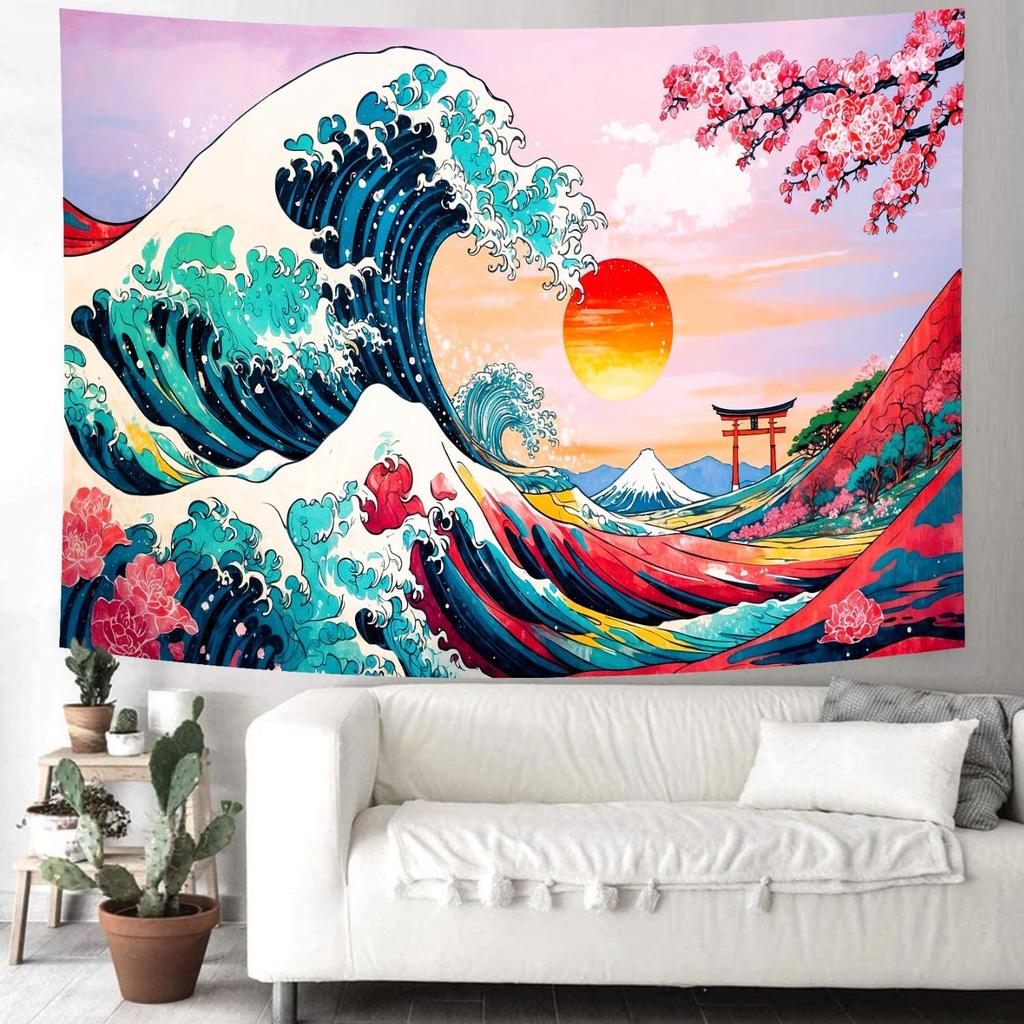 Delur Great Wave Tapestry Japanese Sunset Ocean Sea Wave Off Kanagawa Tapestry Wall Hanging Vintage Asian Anime Cherry Blossom Nature Headboard for