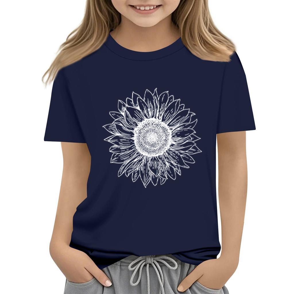 Summer Kids Round Neck Top Sunflower Short Sleeve T-shirt Top