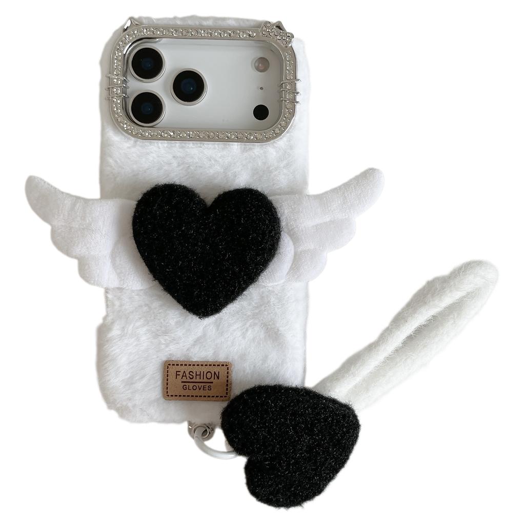 For iPhone 17 Pro Max Case Rhinestone Frame 3D Angel Heart Plush TPU PC Phone Cover with Heart Strap