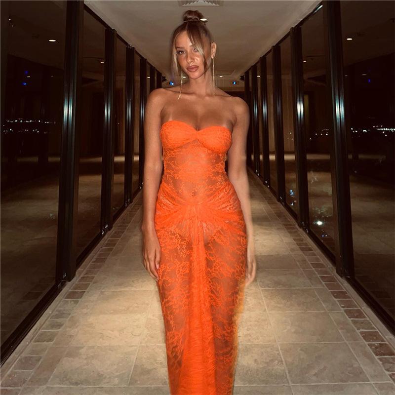 

Новое летнее женское сексуальное платье с кружевной перспективой, облегающее грудь и бедра XL оранжевый