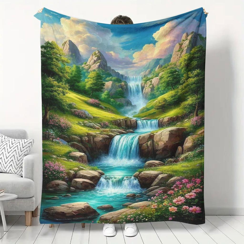 Spring Green Mountain Waterfall Flannel Blanket, Thickened Warm Blanket with Dreamy Mountain Scenery, Soft and Skin-friendly Cozy Blanket for Bedroom